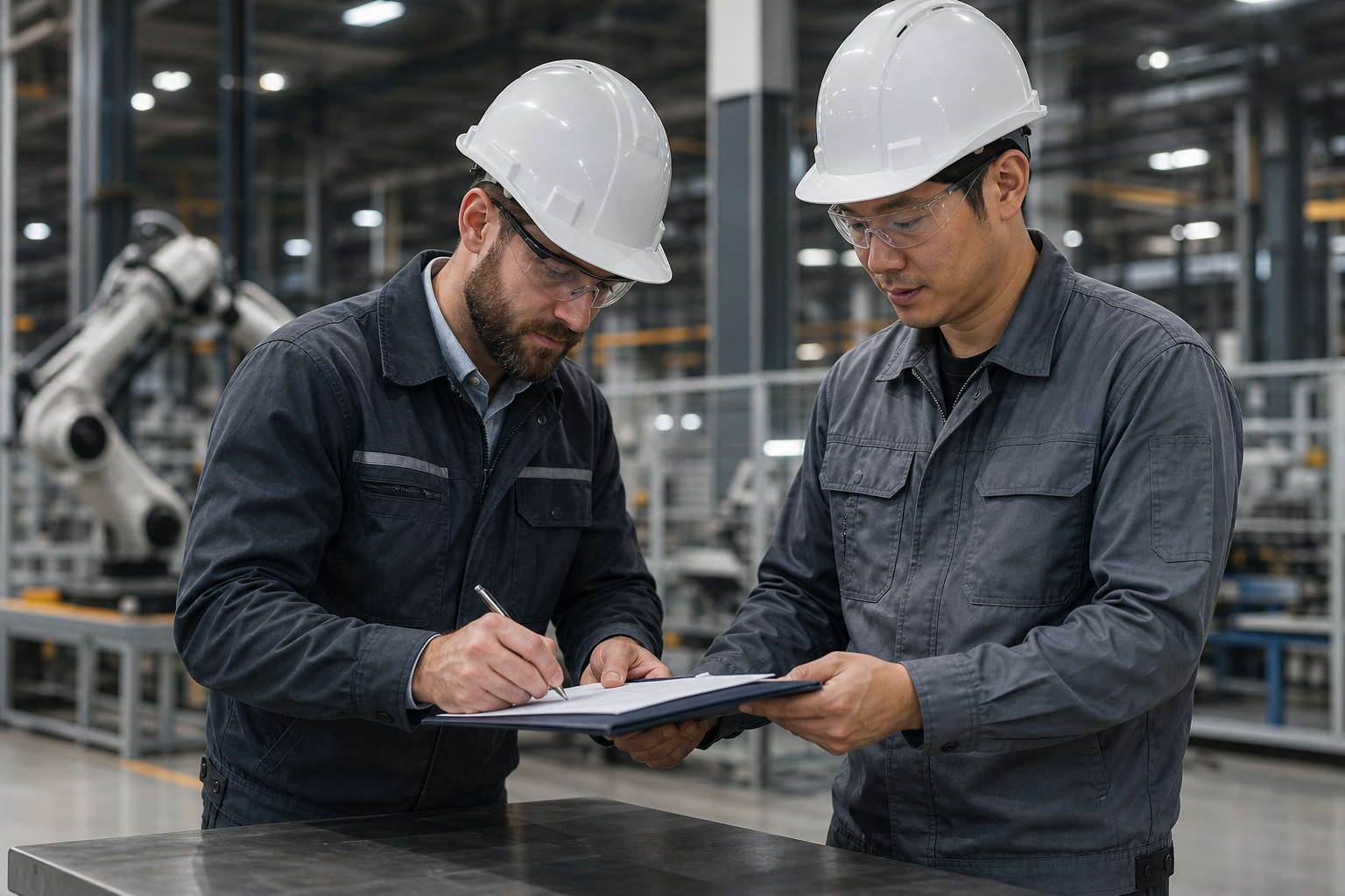 Robot Technicians Signing Contract in Factory