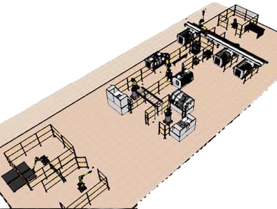 Layout of the axle shaft processing cell showing robots, machining stations, conveyors and palletizing area