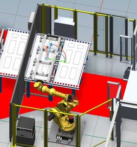 3D layout of the robotic press tending cell with door skin accumulation conveyor