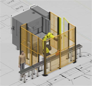 3D layout of the laser marking cell with robot, guarding, laser machine and pallet conveyor
